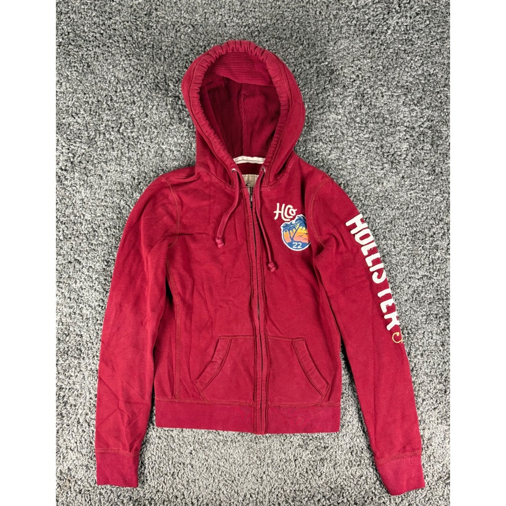 Hollister California Womens Full Zip Hoodie Burgundy Red Palm Tree Logo M Y2K